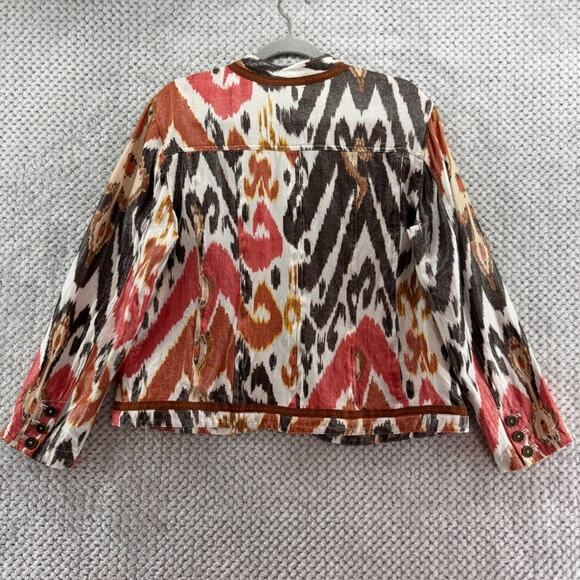 Chicos Jacket Women 2 L Orange Brown Linen Abstract Ikat Metallic Western Pocket - Picture 10 of 16